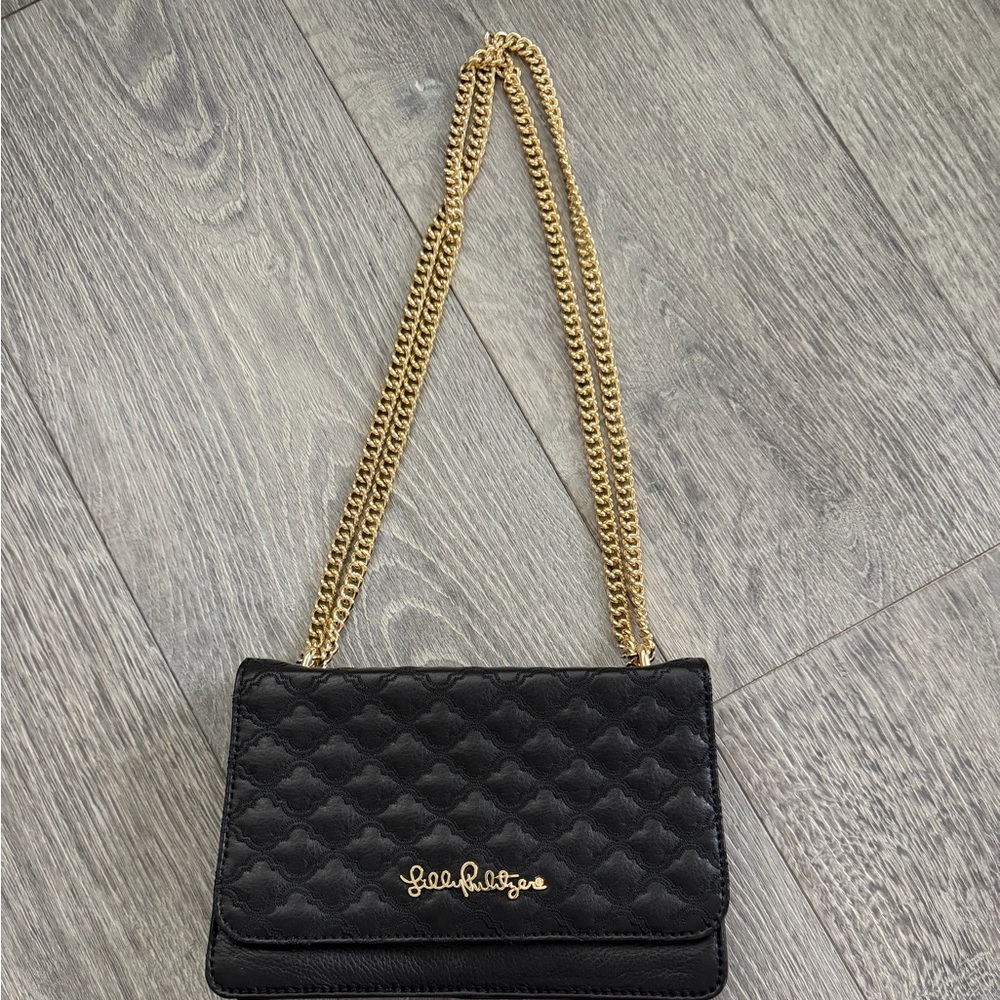 Lilly Pulitzer Black Quilted Crossbody Bag with Gold Chain